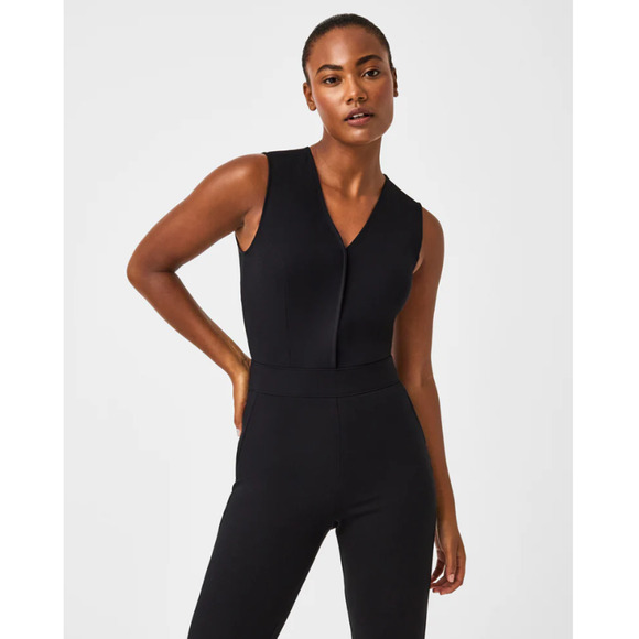 SPANX Ponte Flare Jumpsuit Womens Sz Small Petite Black SPANXsmooth Sleeveless - Picture 2 of 11